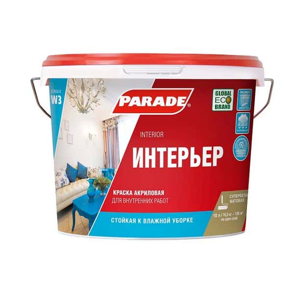 8311406 Краска акриловая PARADE W3 Интерьер База А 10л Россия 2 0005861-kraska-akrilovaya-parade-w3-interier-matovaya-belaya-10l-gsse
