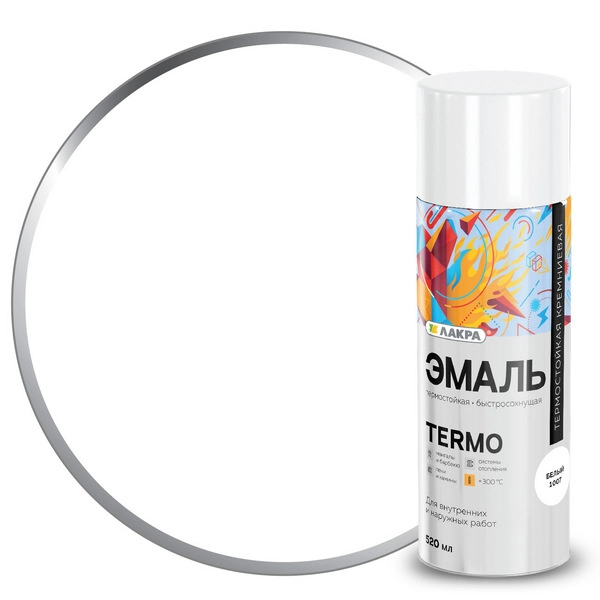 8300199 Эмаль аэрозольная термостойкая Лакра Termo +300 C Белый 1007 1 8300199-emal-aerozolnaya-termostoikaya-lakra-termo-300c-belyi-1007