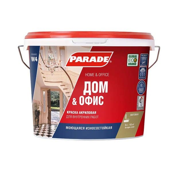 0005875 Краска акрил. PARADE W4 износоустойчивая Дом & Офис Бел. мат. 10л Россия 2 0005875-kraska-akrilovaya-parade-w4-iznosoustoichivaya-10l-gsse