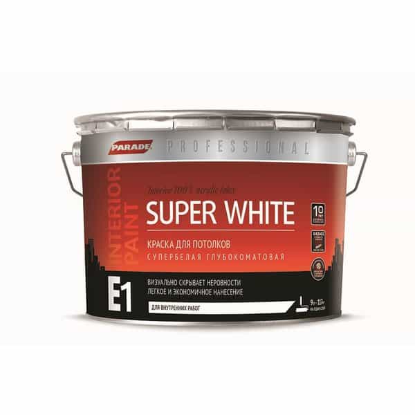0005880 Краска для потолков PARADE SUPER WHITE E1 база A 9л Россия 2 0005880-kraska-dlya-potolkov-parade-super-white-e1-basaA-9l-gsse