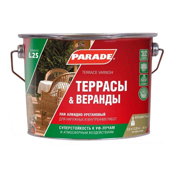 0006080 Лак алкидно-уретановый PARADE L25 Террасы & Веранды Матовый 2,5л Россия 2 0006080-lak-alkidno-uretanovyi-parade-l25-terrasy-verandy-matovyi-2.5l-gsse
