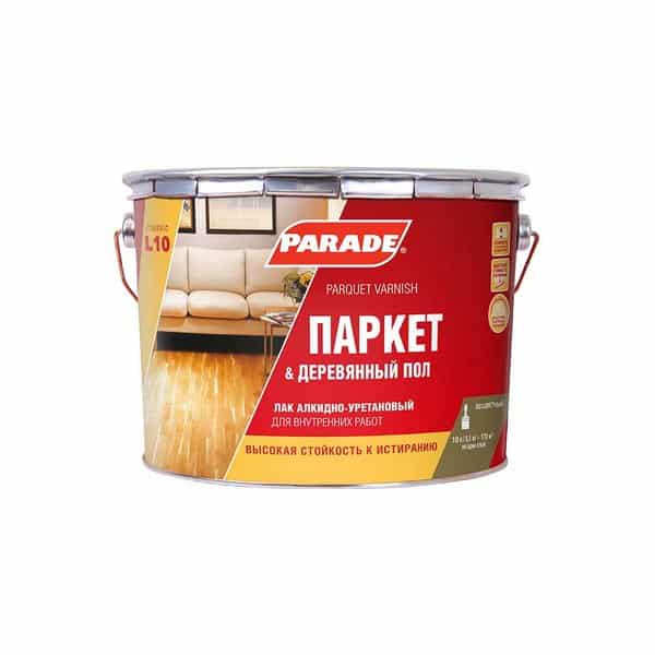 0006104 Лак паркетный алкидно-уретановый PARADE L10 Паркет & Деревянный пол П/мат 10л Россия 2 0006104-lak-alkidno-uretanovyi-parade-l10-parket-derevyannyi-pol-polumatovyi-10l-gsse