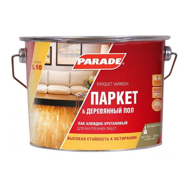 0006105 Лак паркетный алкидно-уретановый PARADE L10 Паркет & Деревянный пол П/мат 2,5л Россия 2 0006105-lak-alkidno-uretanovyi-parade-l10-parket-derevyannyi-pol-polumatovyi-2.5l-gsse