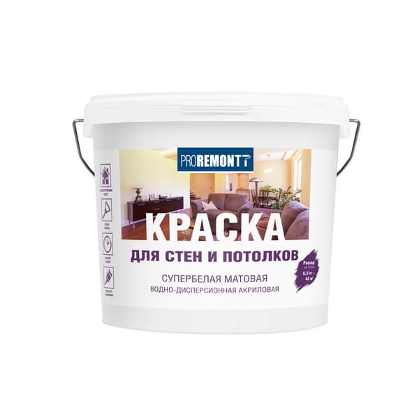 8300519 Краска для стен и потолков PROREMONTT супербелая Л-С 6,5 кг 1 8300519-kraska-dlya-sten-potolkov-proremontt-superbelaya-6.5kg-gsse