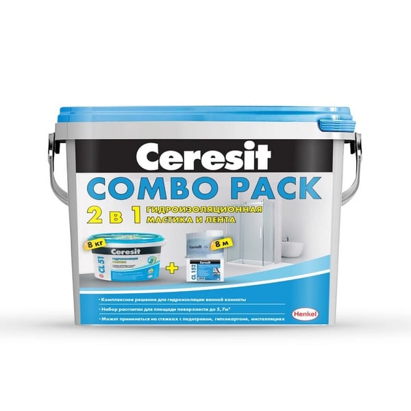 3001038 Ceresit Combo Pack CL 51/7,5кг + СL152/8м, Эластичная полимерная гидроизоляция и уплотнительная лента 1 ceresit-cl51-combo