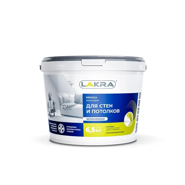 8306470 Краска акриловая для стен и потолков Лакра белоснежная 6.5кг 1 lakra-acrylovaya-dlya-sten-potolkov-6.5kg