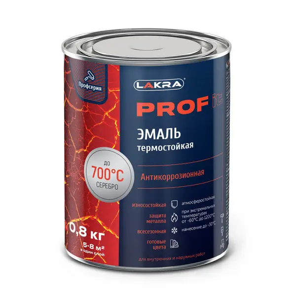 9590257 Эмаль термостойкая антикоррозионная Лакра PROF IT до 700С Серебристый 0,8 кг 1 9590257-emal-termostoikaya-antikorrozionaya-lakra-prof-it-serebristyi-0.8kg