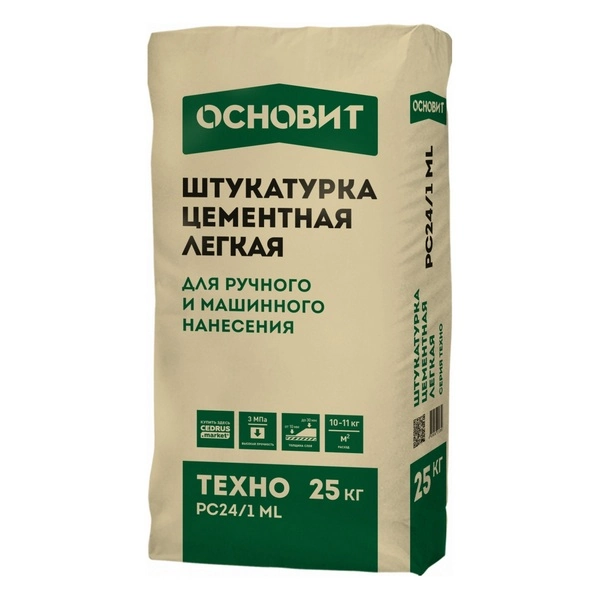 89573 Штукатурка цементная легкая ОСНОВИТ ТЕХНО PC24/1 ML (25 кг) 1 89573 Штукатурка цементная легкая ОСНОВИТ ТЕХНО PC24/1 ML (25 кг)